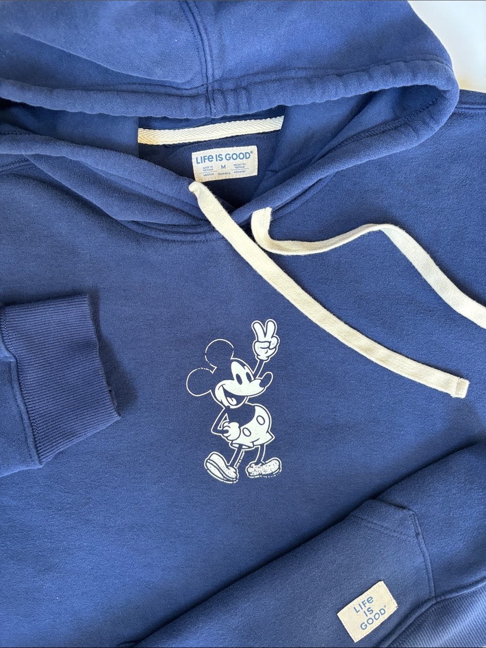 Rare Life Is Good Mickey Mouse Hoodie Sweatshirt Navy Blue Women’s Medium NEW